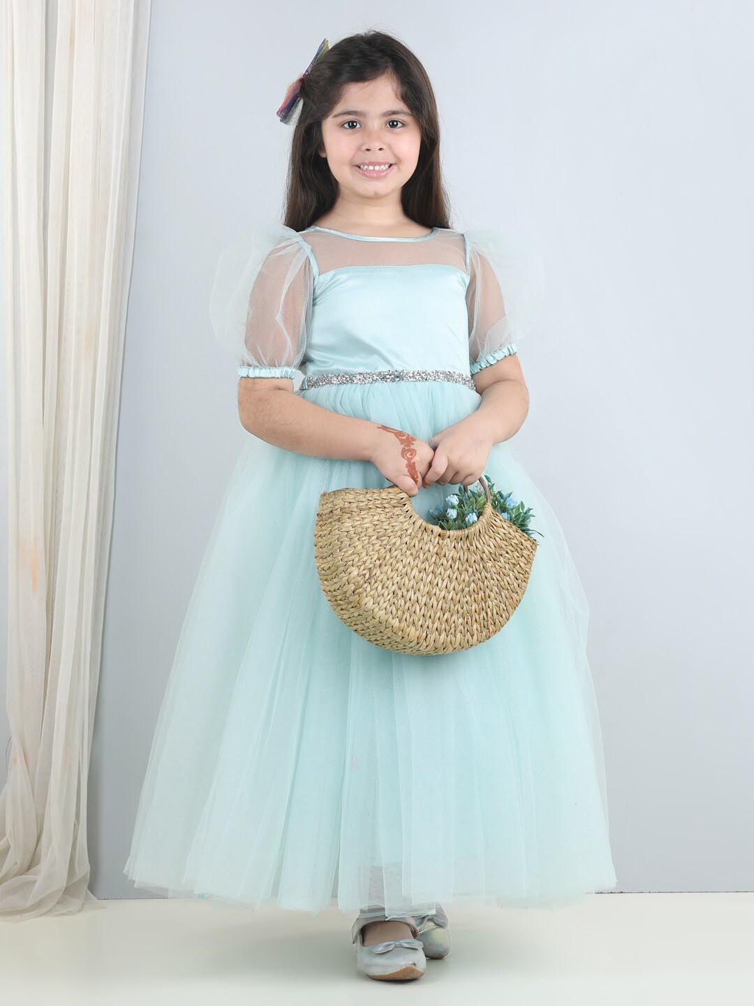 

Toy Balloon kids Girls Puff Sleeves Sequinned Net Fit & Flare Maxi Dress, Blue