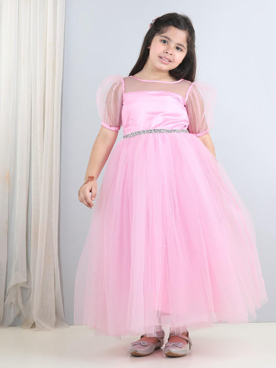 

Toy Balloon kids Girls Puff Sleeves Sequinned Net Fit & Flare Maxi Dress, Pink