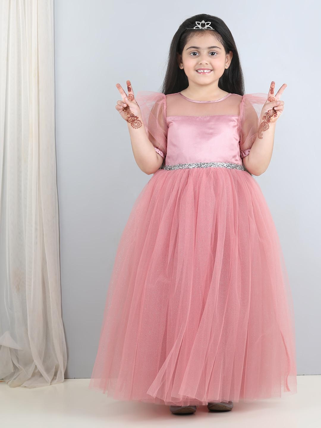 

Toy Balloon kids Girls Puff Sleeves Sequinned Net Fit & Flare Maxi Dress, Rose