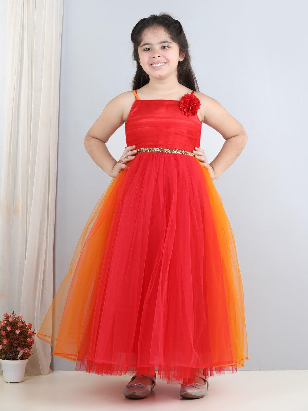 

Toy Balloon kids Girls Shoulder Straps Sequinned Net Fit & Flare Maxi Dress, Red