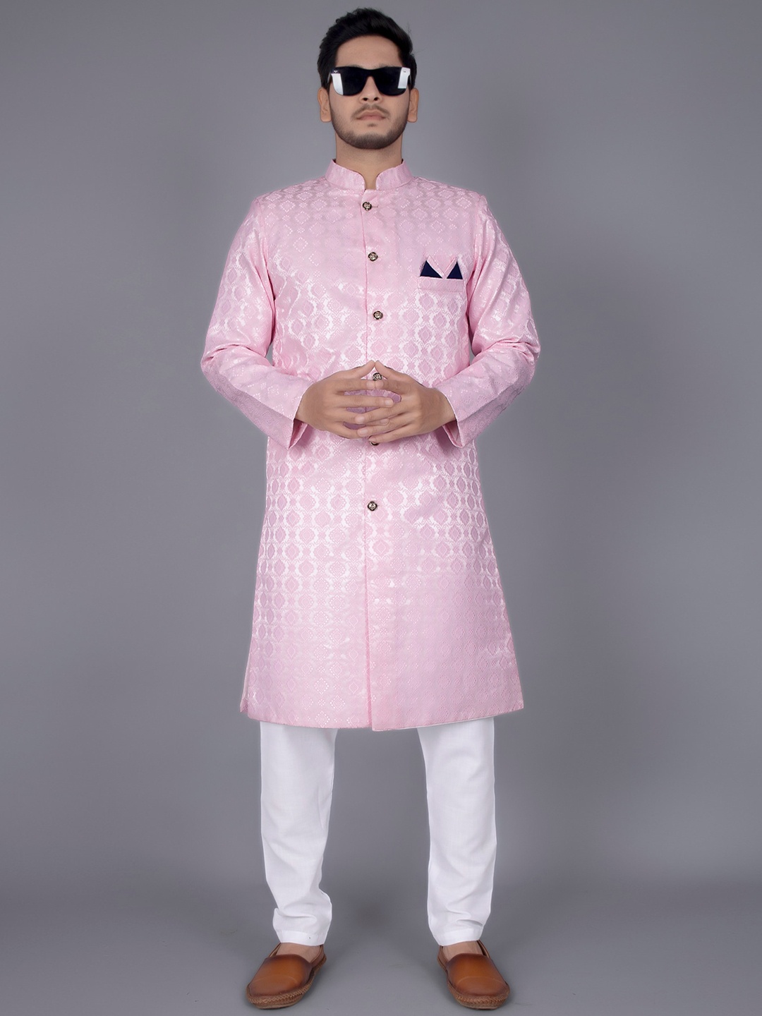 

amzira Self Design Mandarin Collar Cotton Sherwani Set, Pink