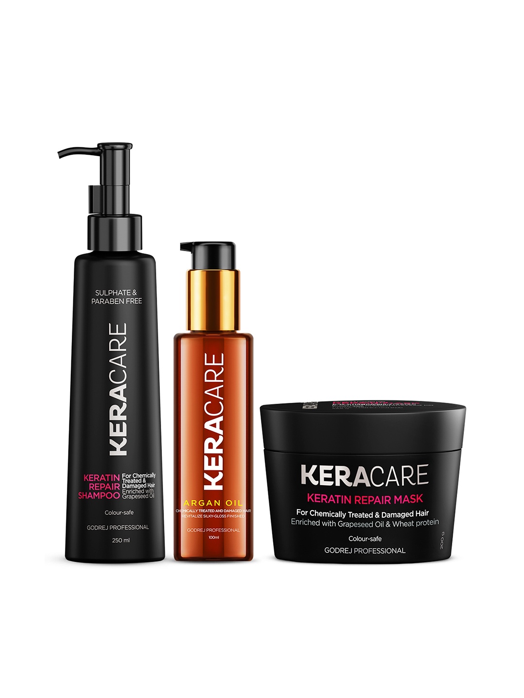

Godrej Professional Keracare Keratin Repair Mask 200g + Shampoo 250ml + Argan Oil 100ml, Black