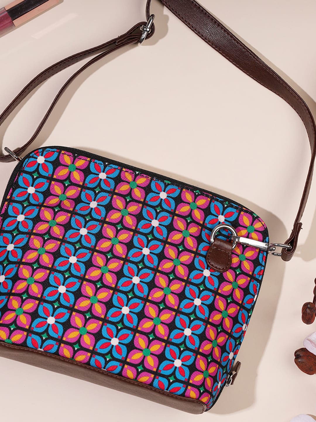 

Happening Hippo Geometric Printed Structured PU Sling Bag, Black