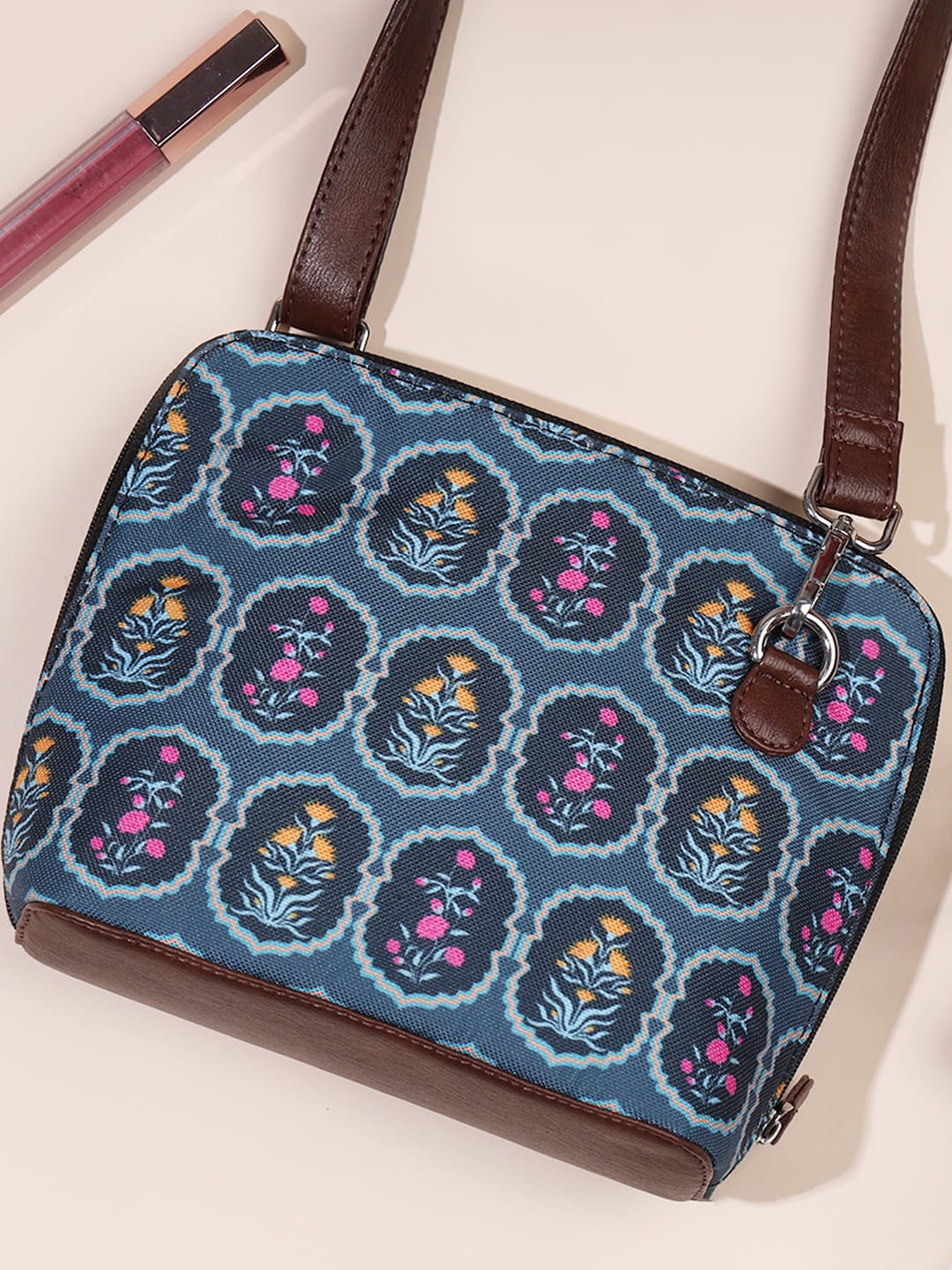 

Happening Hippo Mughal Ethnic Motifs Printed Structured PU Sling Bag, Blue