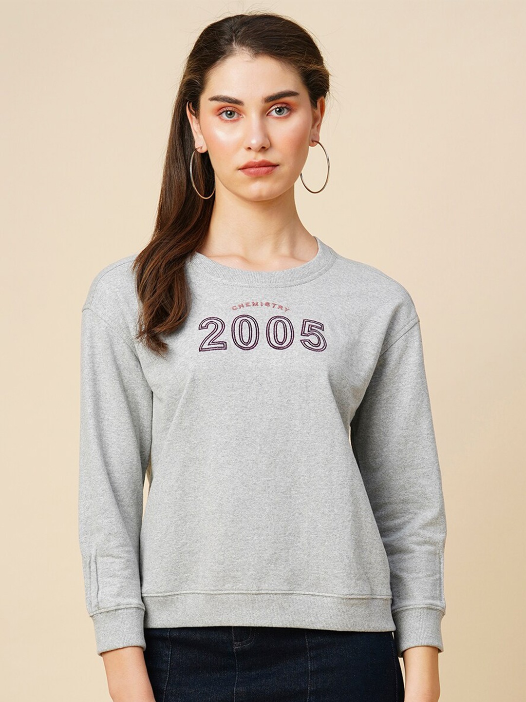 

Chemistry Typography Printed Drop Shoulder Sleeves Sweatshirt, Grey melange