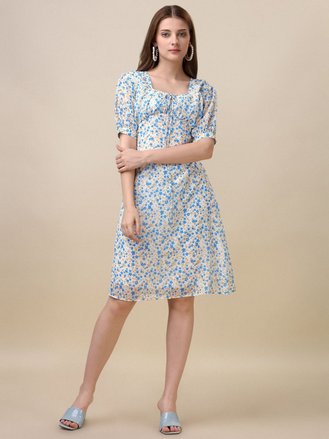 

GUFRINA Floral Printed Square Neck Puff Sleeve Gathered Georgette A-Line Dress, Beige