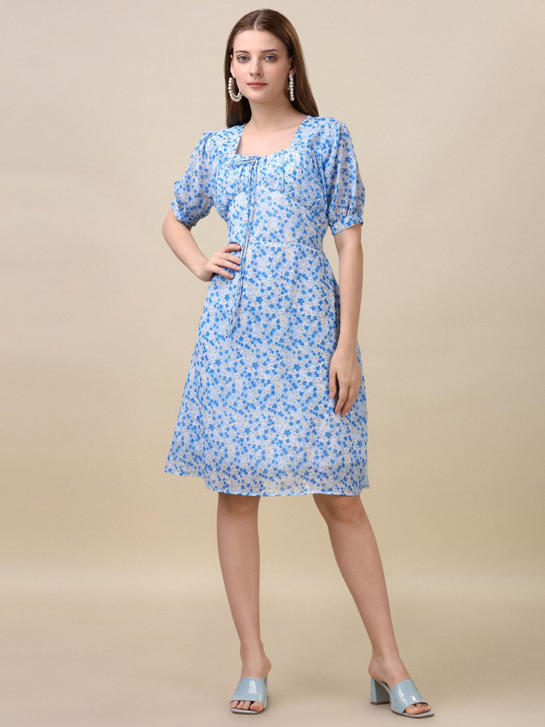 

GUFRINA Floral Printed Square Neck Puff Sleeve Gathered Georgette A-Line Dress, Blue