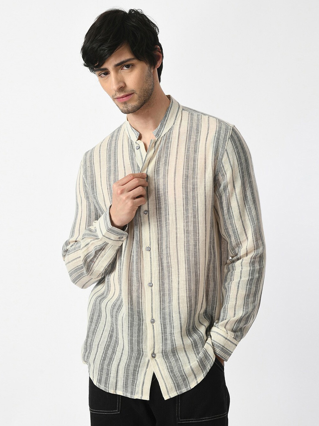 

KISSOSS Classic Striped Long Sleeves Cotton Linen Casual Shirt, Grey