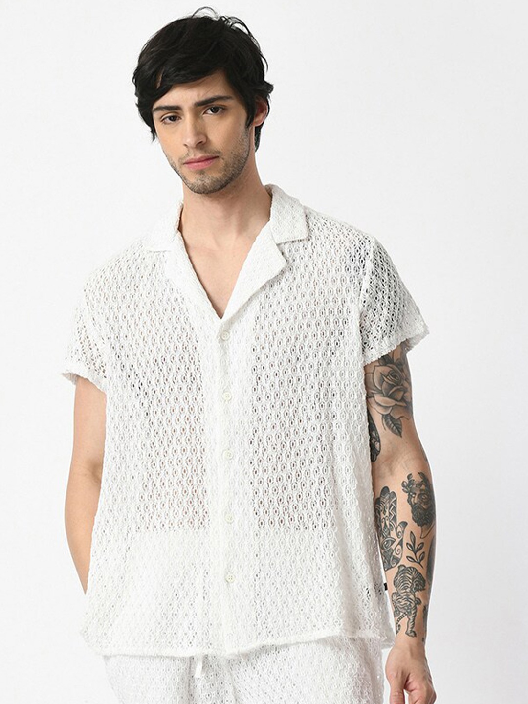 

KISSOSS Classic Floral Lace Sheer Casual Cotton Shirt, White