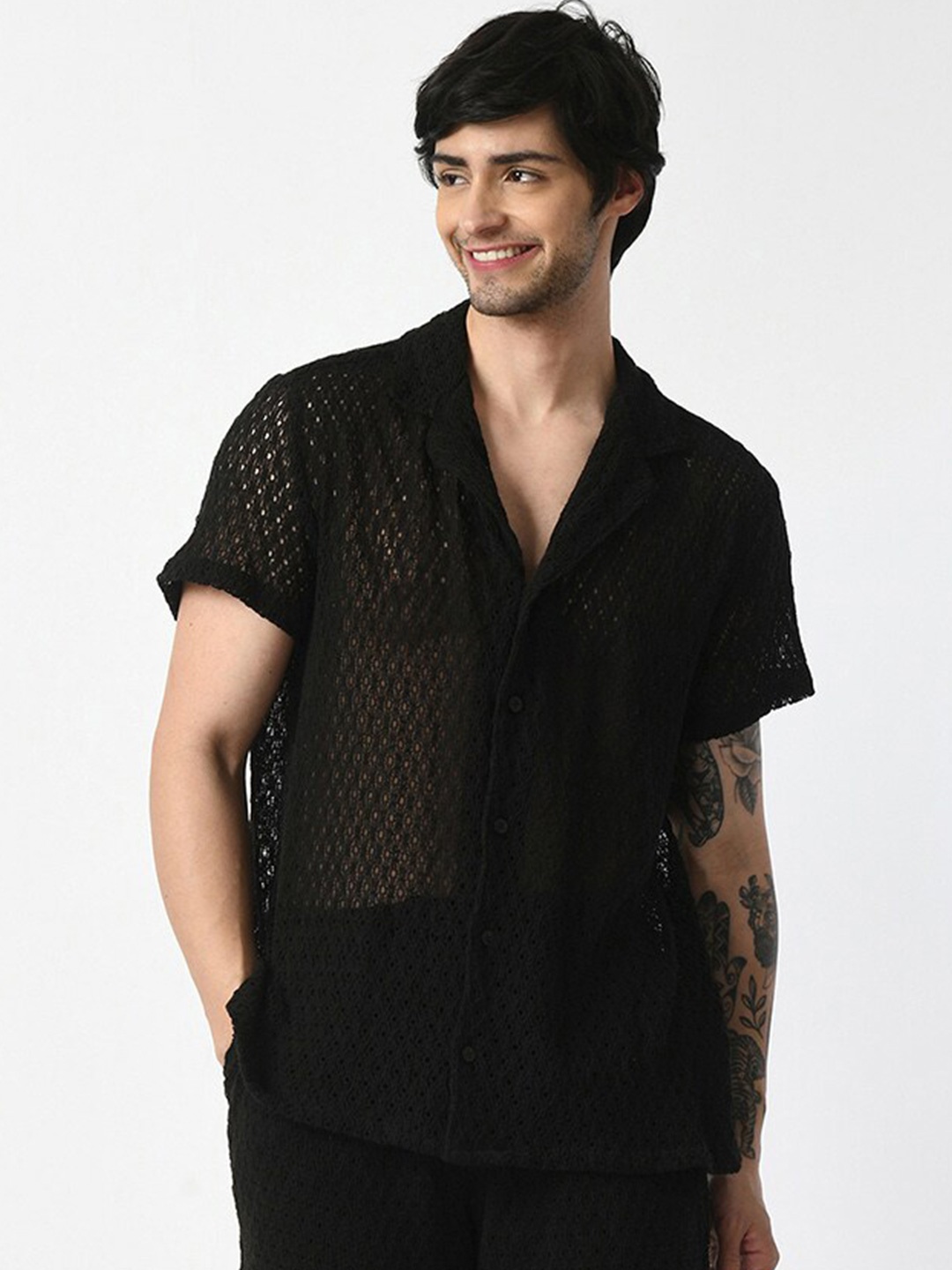 

KISSOSS Classic Fit Floral Laced Sheer Casual Cotton Crochet Shirt, Black