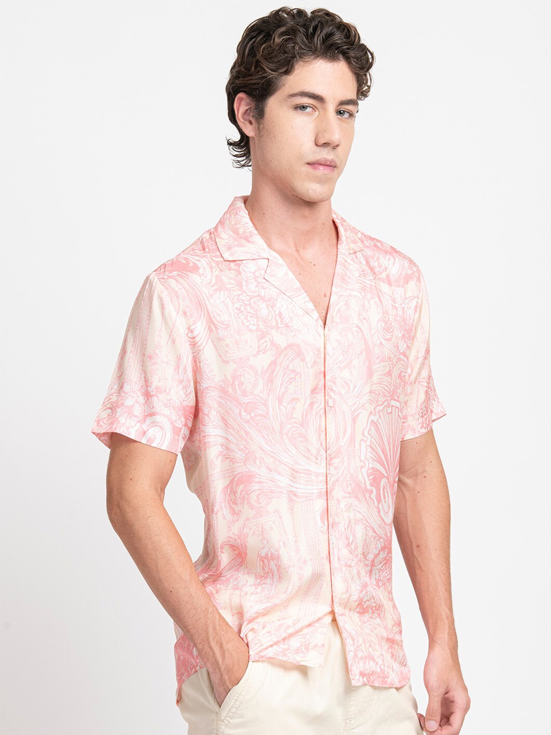 

KISSOSS Classic Slim Fit Floral Printed Casual Shirt, Pink