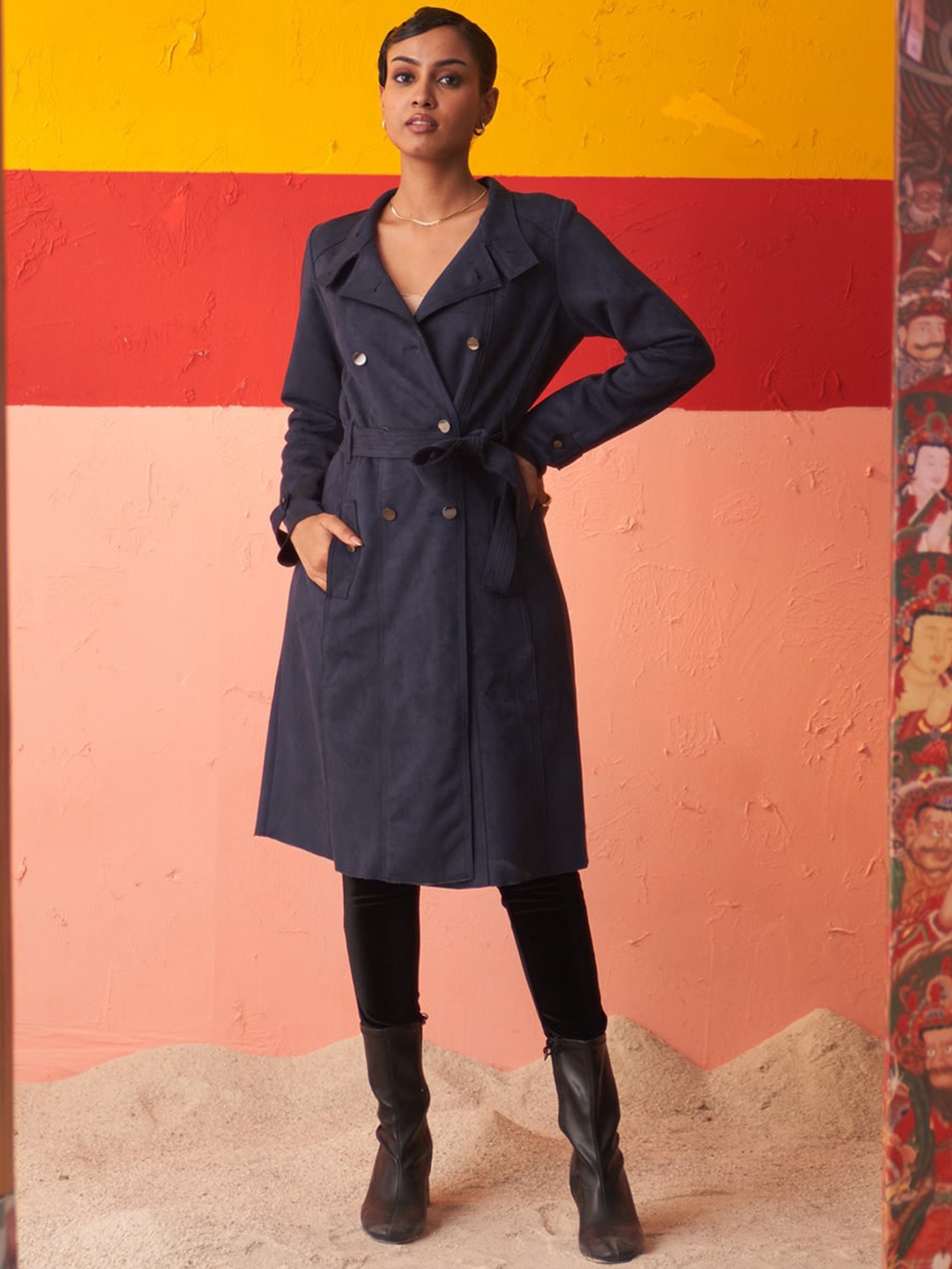 

Lakshita Stand Collar Long Sleeves Double-Breasted Longline Overcoat With Belt, Blue