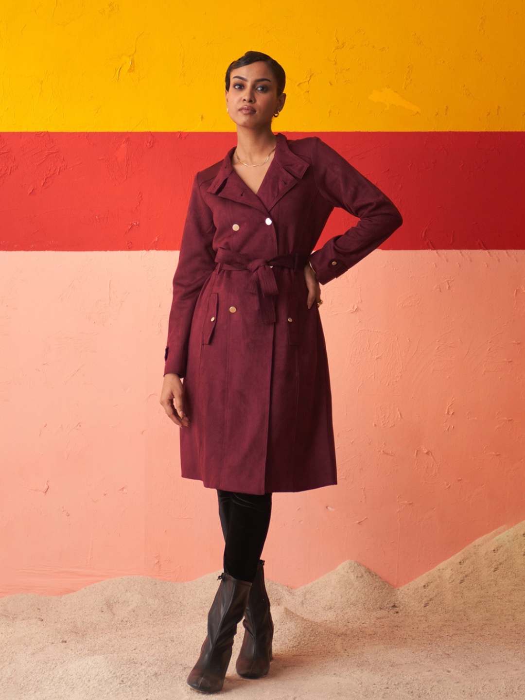 

Lakshita Stand Collar Long Sleeves Double-Breasted Longline Overcoat With Belt, Magenta