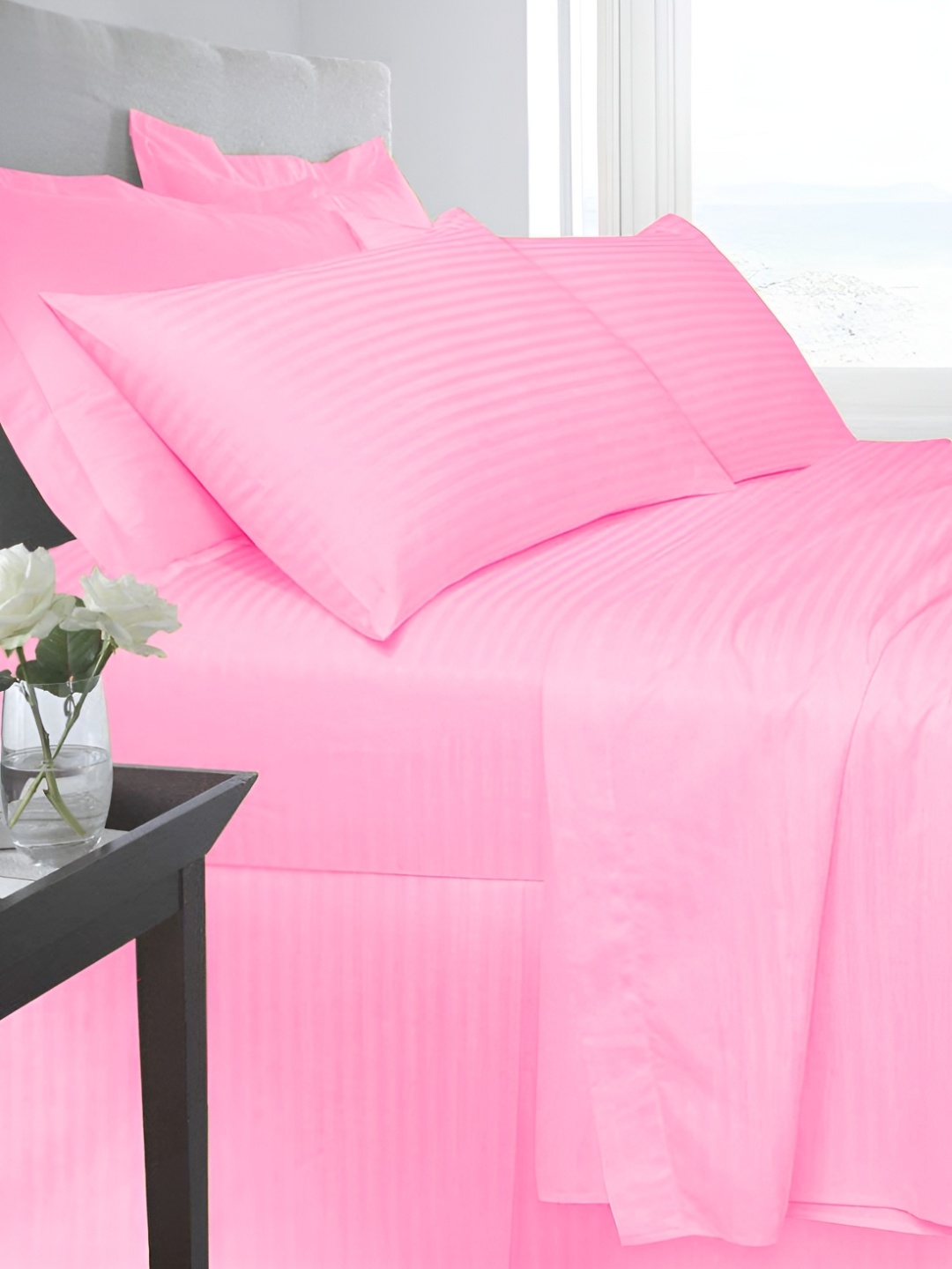 

Texlux Pink Striped 220 TC Cotton King Bedsheet with 2 Pillow Covers