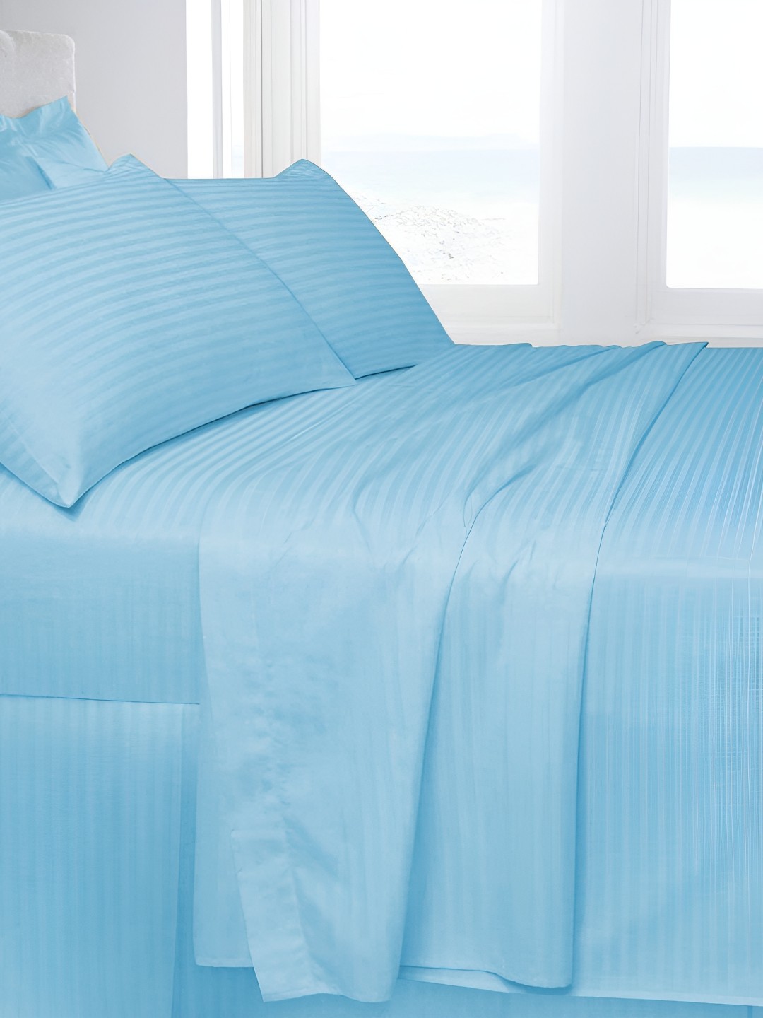 

Texlux Turquoise Blue Striped 220 TC Cotton Single Bedsheet with 1 Pillow Cover