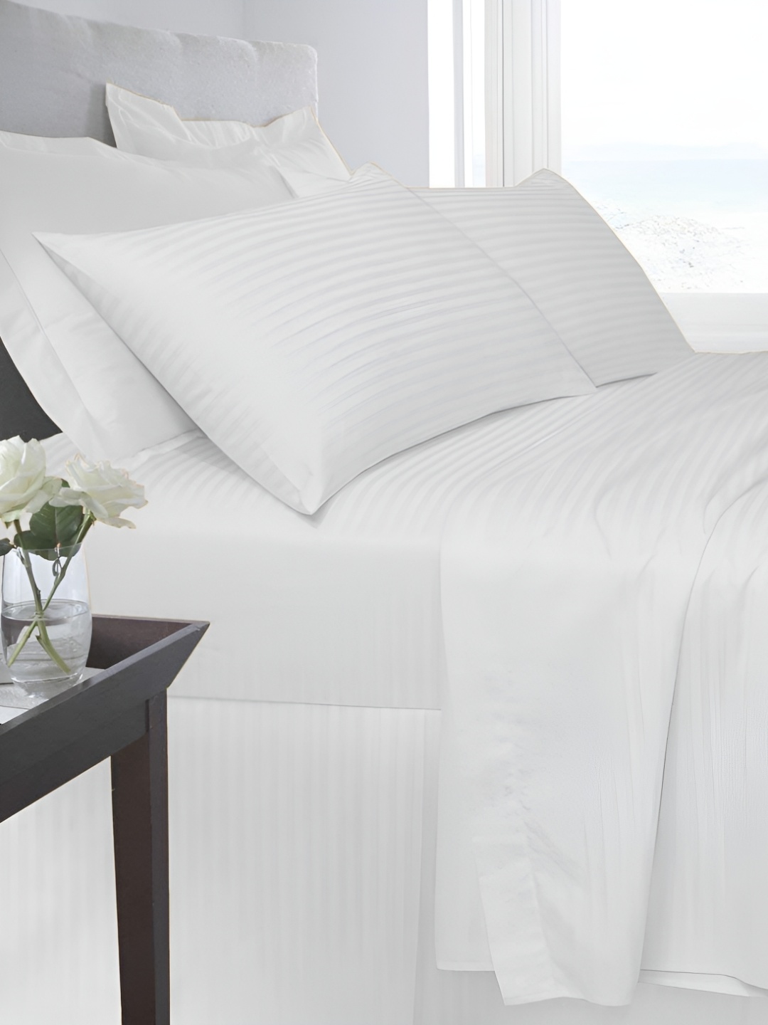 

Texlux White Striped 220 TC Single Cotton Bedsheet with 1 Pillow Covers