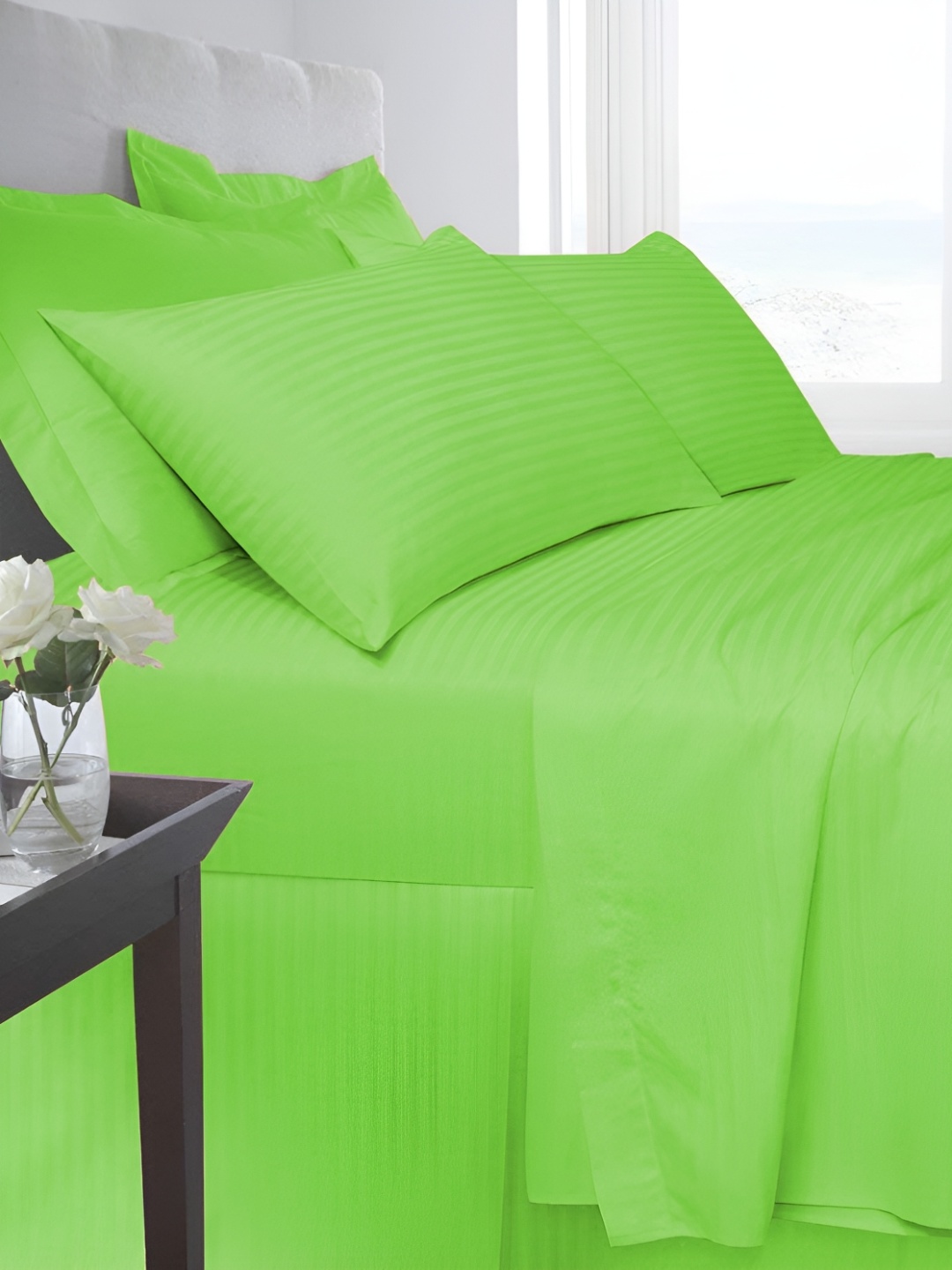 

Texlux Green Striped 220 TC Cotton King Bedsheet with 2 Pillow Covers