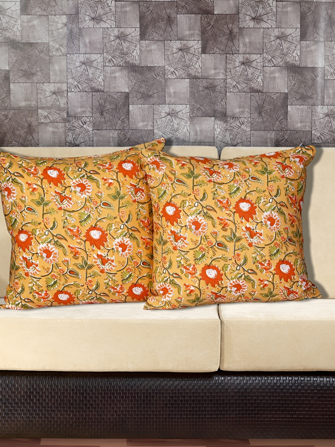 

Texstylers Orange & Green 2 Pieces Floral Cotton Square Cushion Covers