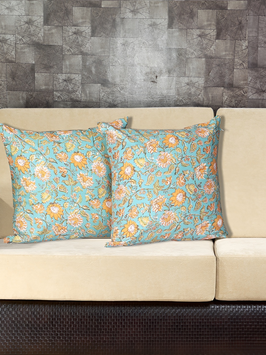 

Texstylers Blue & Orange 2 Pieces Floral Cotton Square Cushion Covers