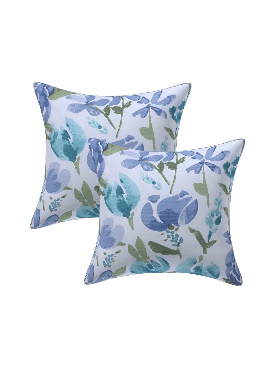 

Texstylers Teal& White 2 Pieces Floral Cotton Square Cushion Covers