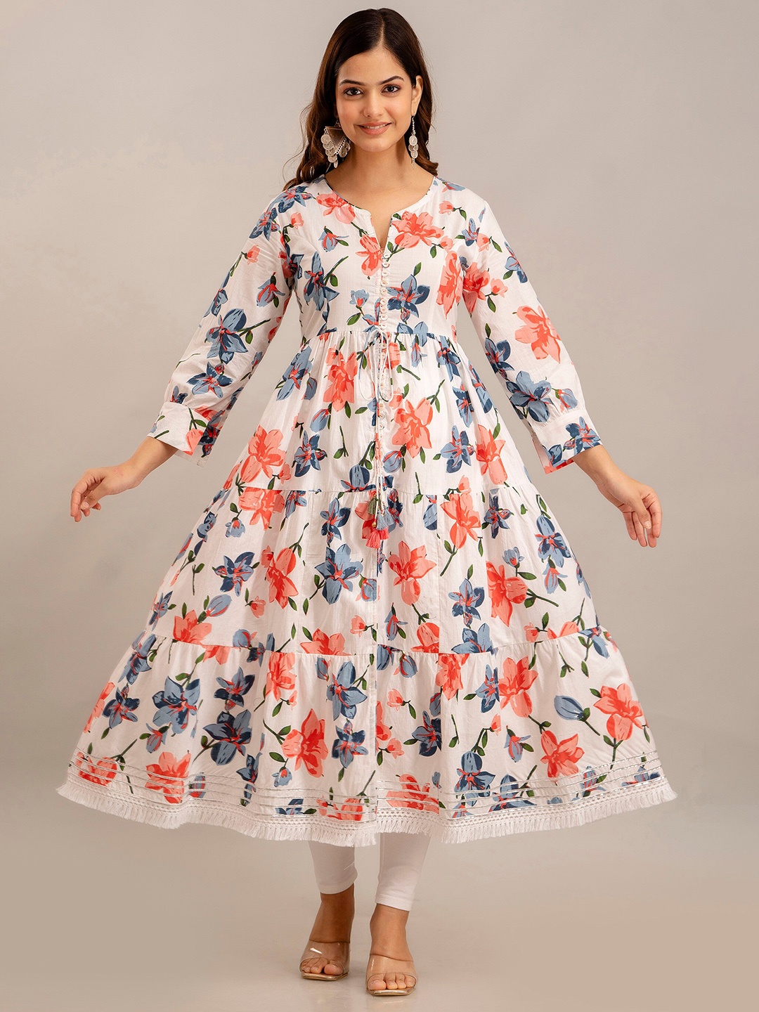 

KALINI Floral Printed Pure Cotton Anarkali Kurta, White