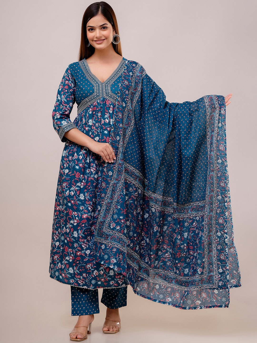 

KALINI Floral Yoke Design Zari V-Neck Empire Pure Cotton Kurta With Trousers & Dupatta, Blue