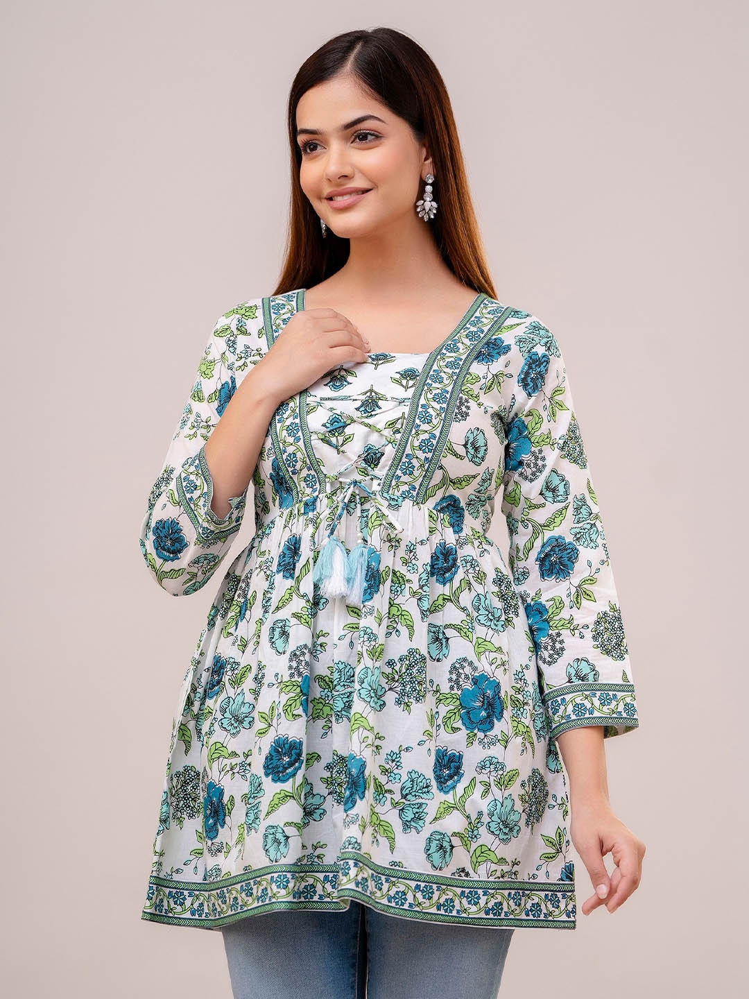 

KALINI Floral Printed Square Neck Pure Cotton A-Line Kurti, White