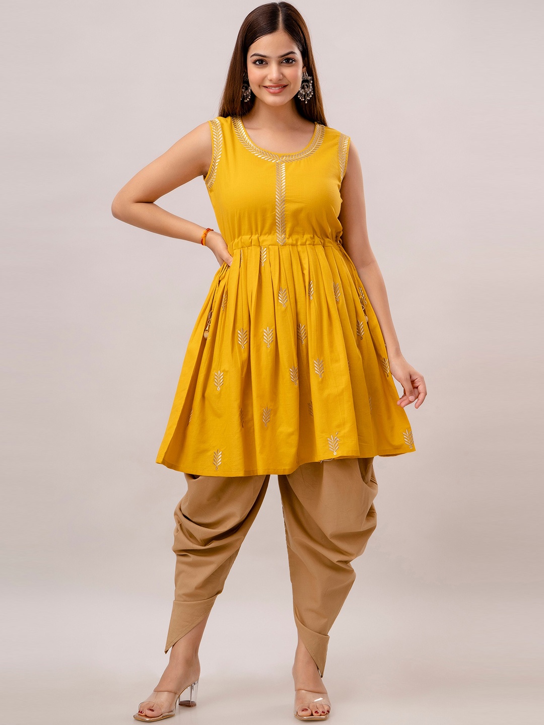 

KALINI Floral Embroidered A-Line Pure Cotton Kurta, Mustard