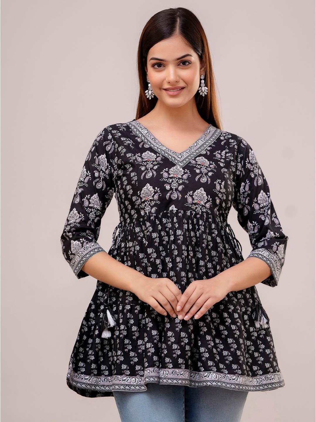 

KALINI Ethnic Motifs Printed V-Neck Sequinned Detail Pure Cotton A-Line Kurti, Black