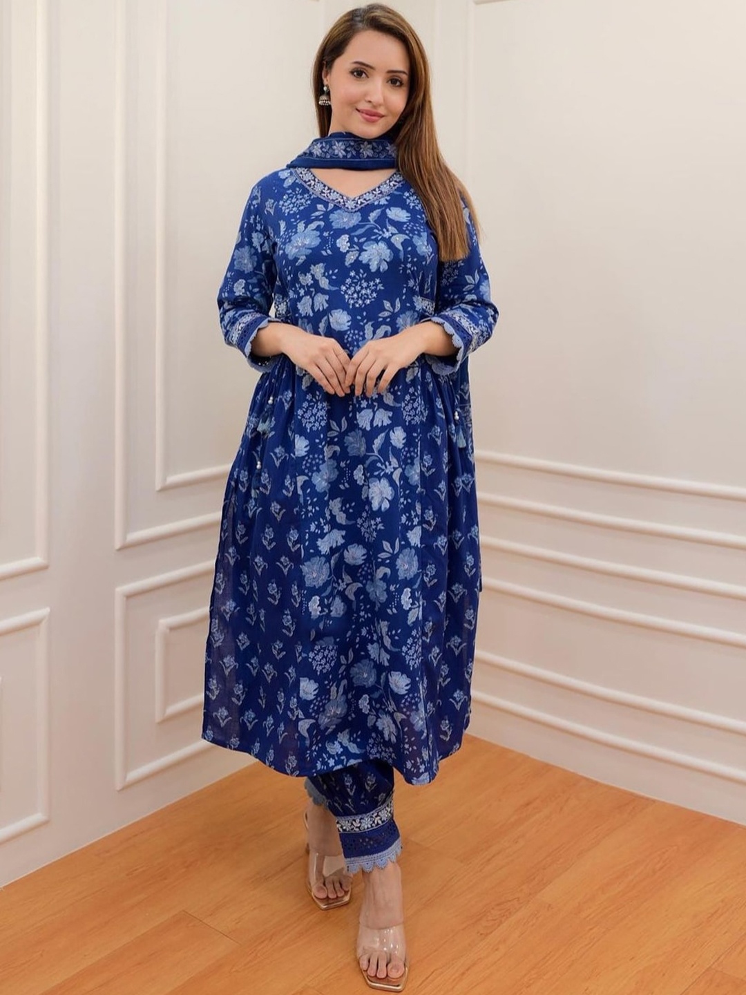 

KALINI Floral Printed Sequinned Pure Cotton Kurta With Patiala & Dupatta, Blue
