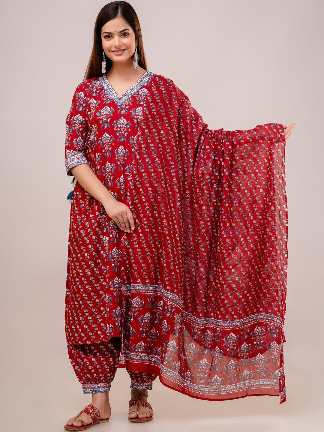 

KALINI Ethnic Motifs Printed Pure Cotton Kurta With Patiala & Dupatta, Maroon
