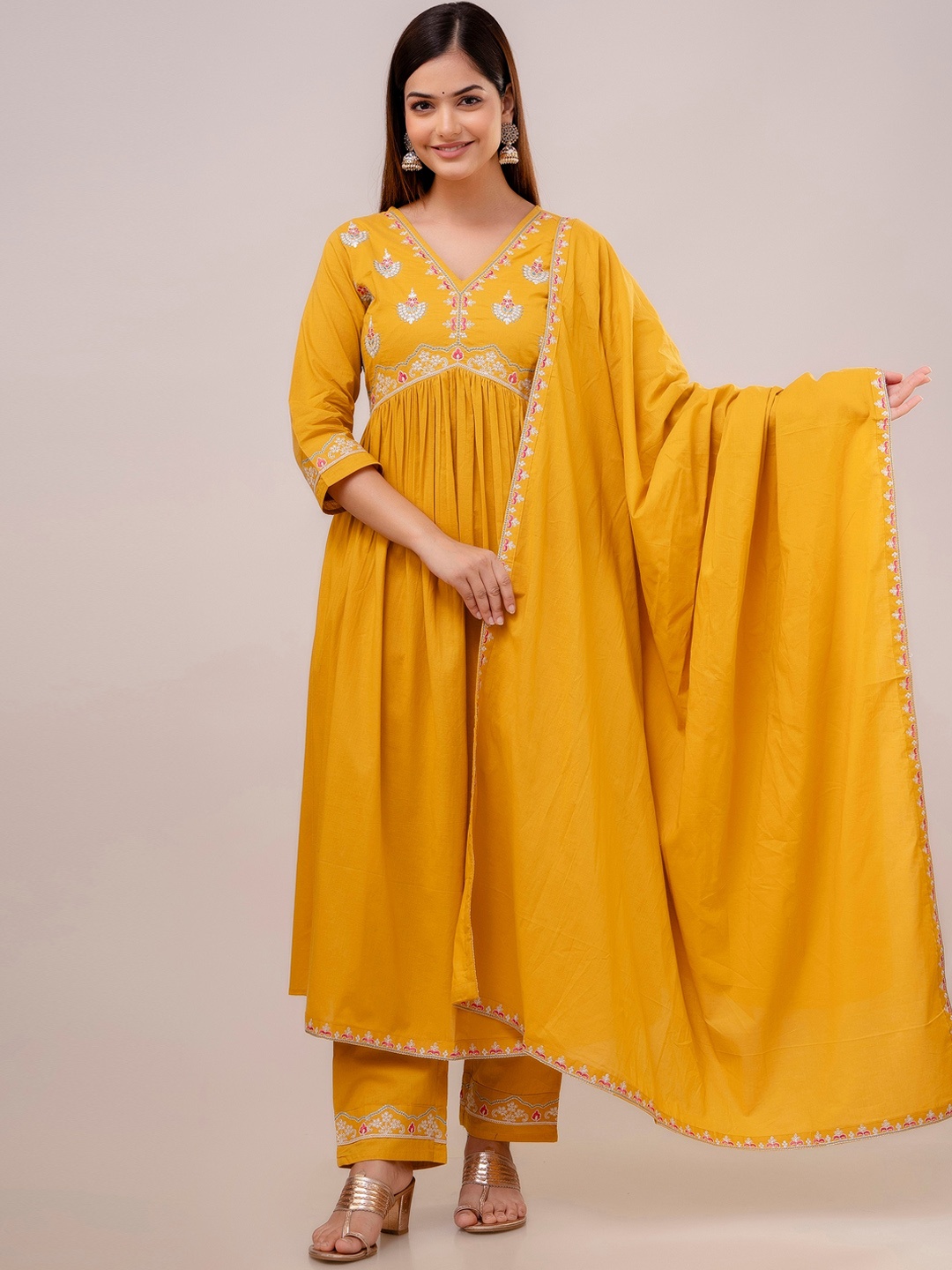 

KALINI Floral Yoke Design Empire Pure Cotton Kurta With Trousers & Dupatta, Yellow