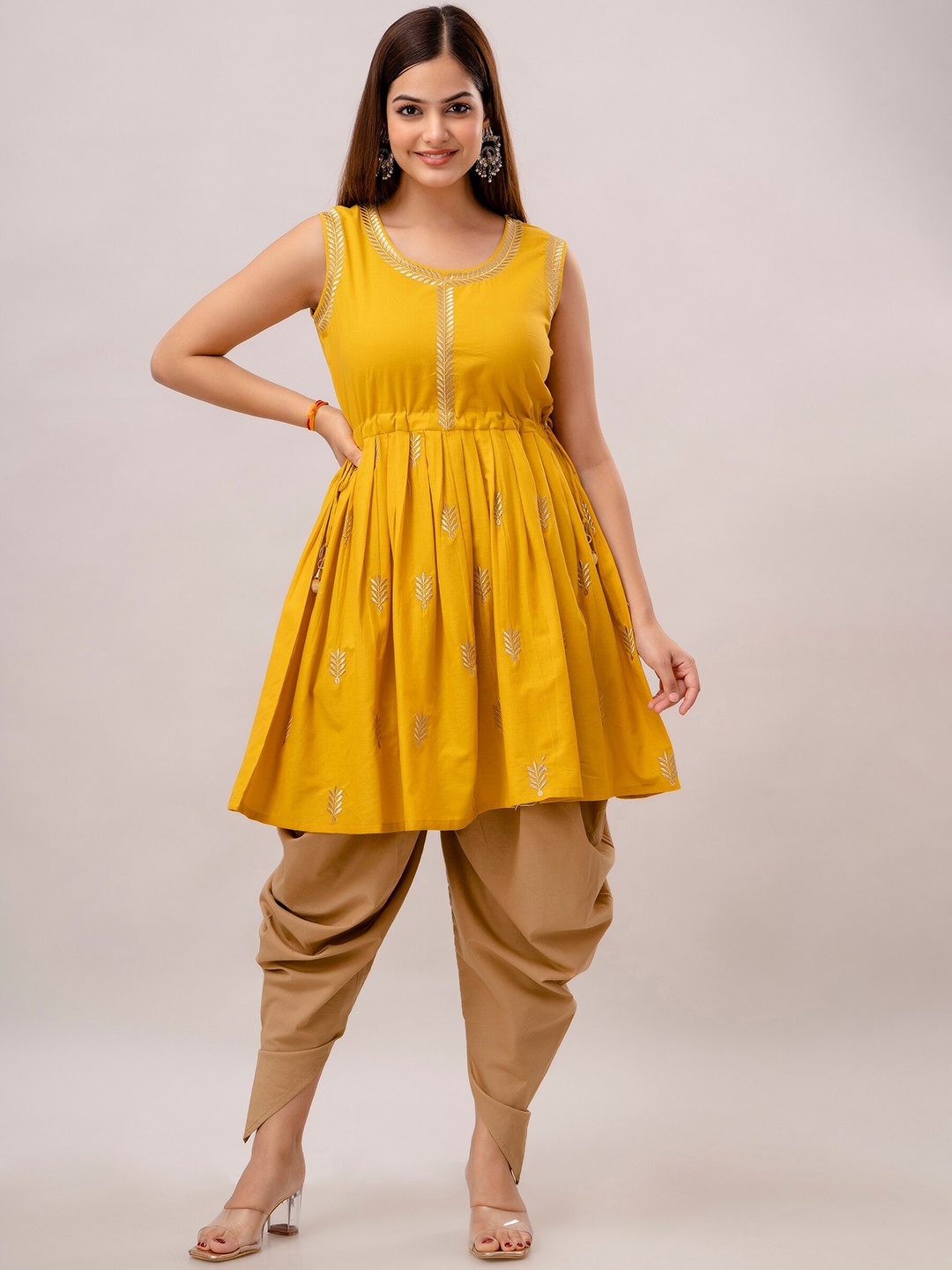 

KALINI Floral Embroidered Thread Work Pure Cotton Kurta with Dhoti Pants, Mustard