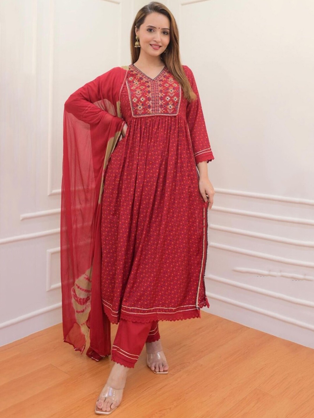

KALINI Geometric Printed V-Neck Thread Work Kurta With Trousers & Dupatta, Red