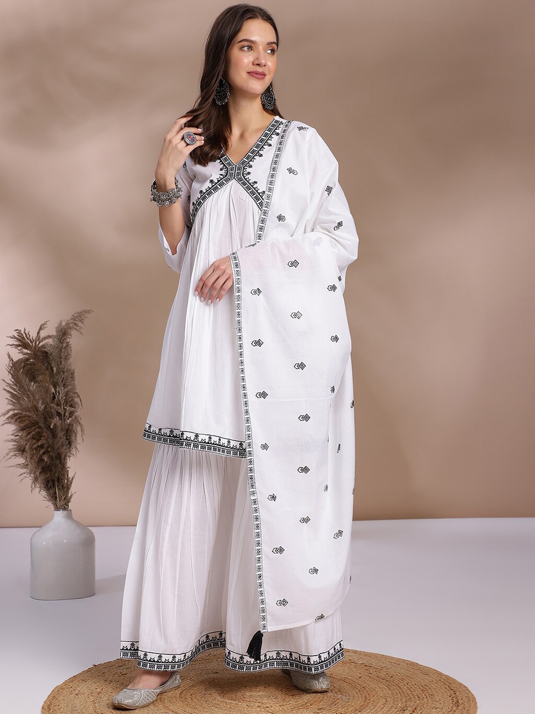 

KALINI Ethnic Motifs Yoke Design Empire Pure Cotton A-Line Kurta & Sharara With Dupatta, White