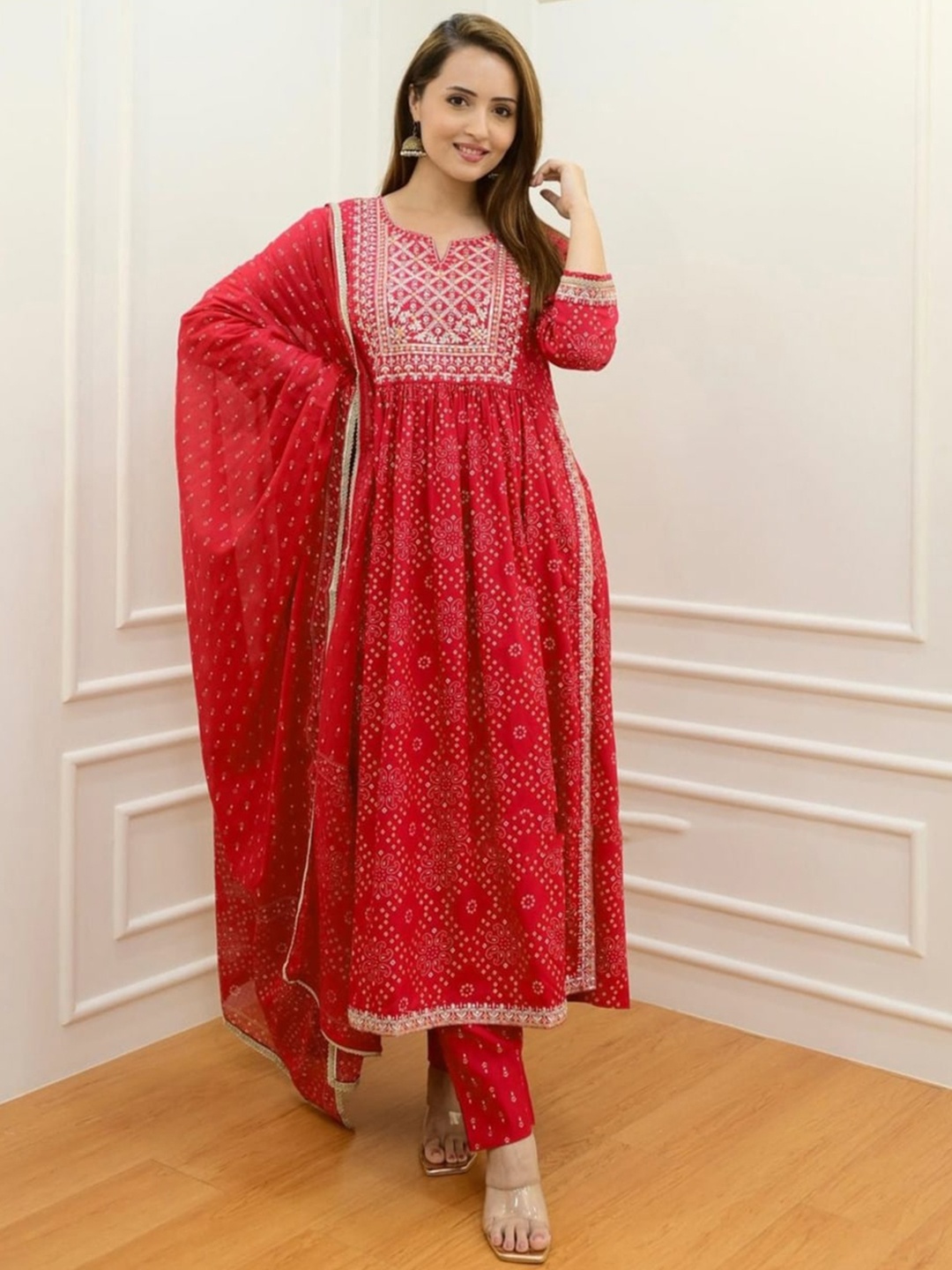 

KALINI Ethnic Motifs Printed Thread Work A-Line Kurta & Trouser With Dupatta, Red