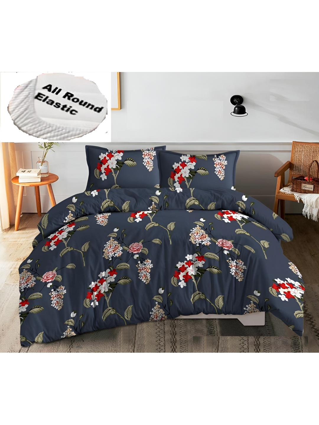 

Yes Cart Home Blue Red Floral 300 TC King Bedsheet with 2 Pillow Covers
