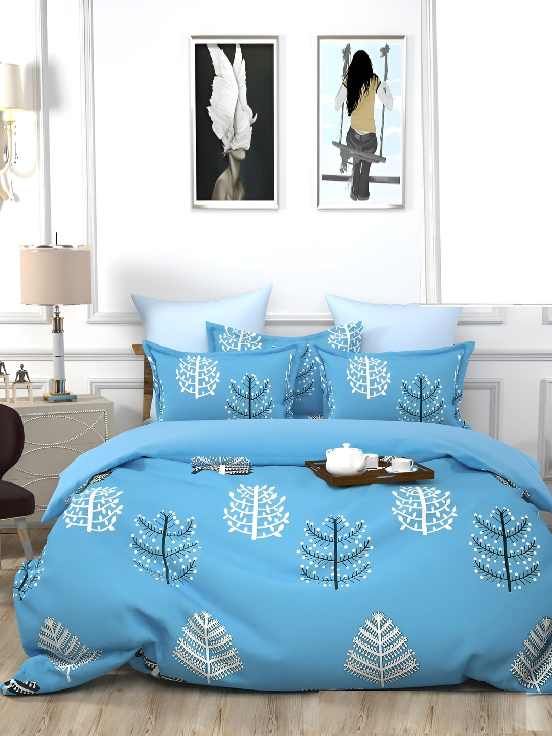 

Yes Cart Home Blue White Floral 300 TC King Bedsheet with 2 Pillow Covers