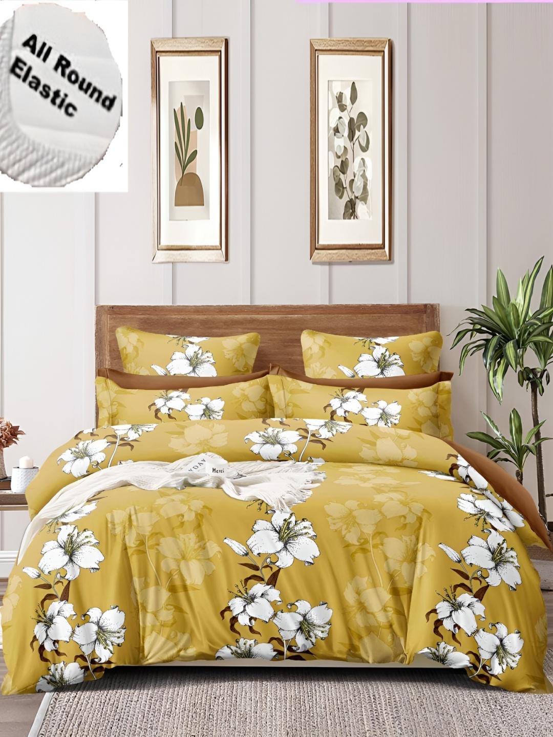 

Yes Cart Home Yellow White Floral 300 TC King Bedsheet with 2 Pillow Covers