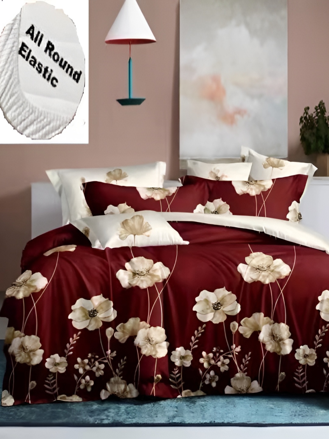 

Yes Cart Home Brown Beige Floral 300 TC Fitted King Bedsheet with 2 Pillow Covers