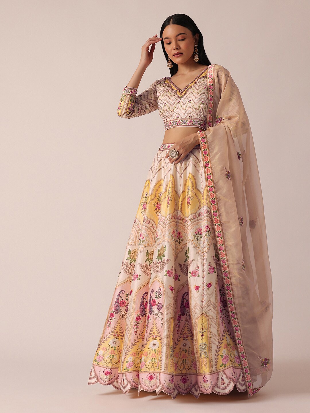 

KALKI Fashion Embellished Sequinned Ready to Wear Lehenga & Blouse With Dupatta, Beige