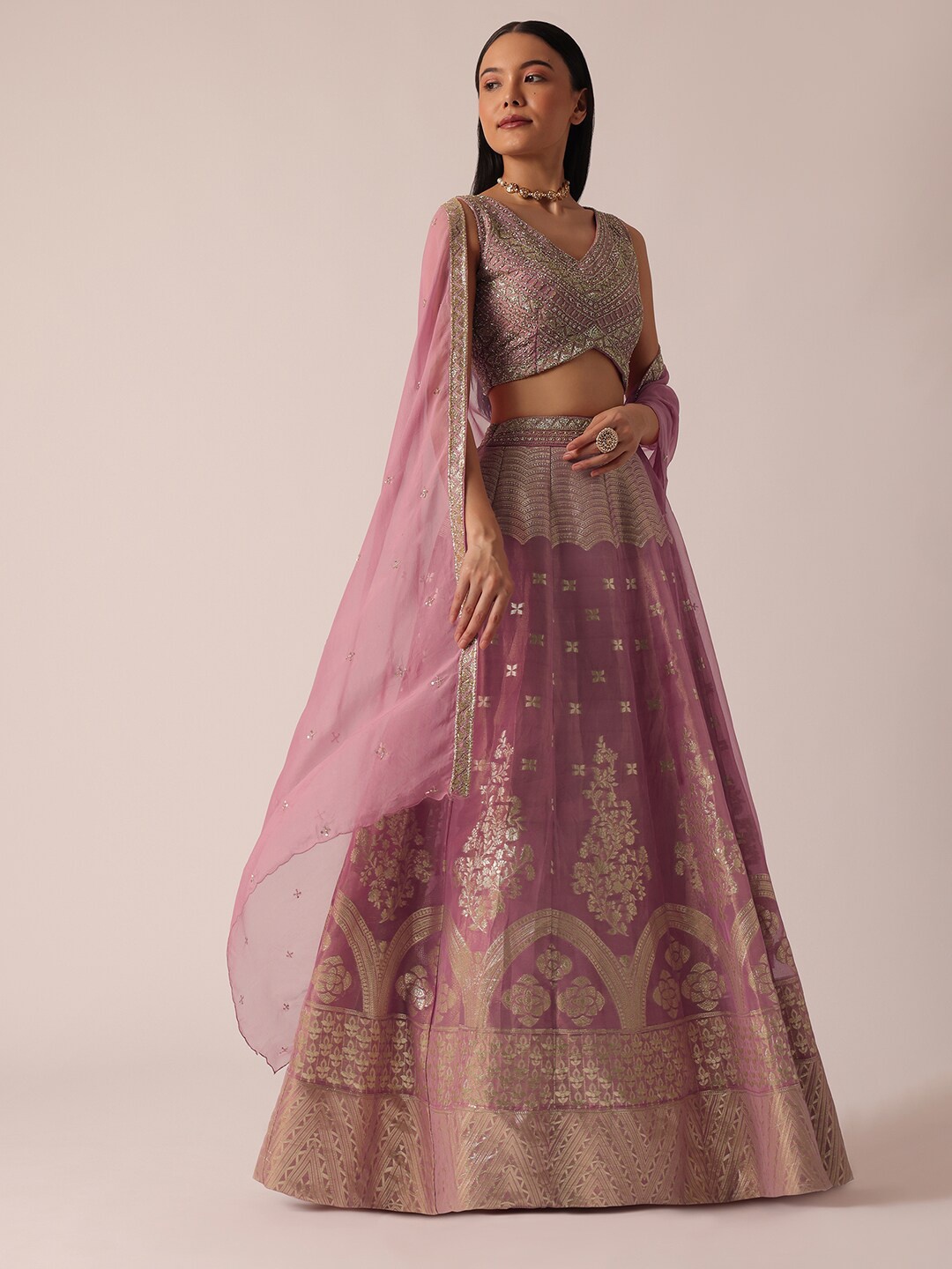 

KALKI Fashion Woven Designed Thread Work Ready To Wear Lehenga & Blouse With Dupatta, Pink