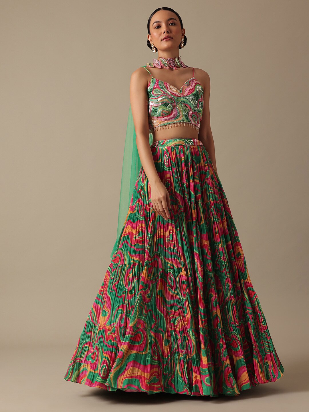

KALKI Fashion Abstract Printed Ready to Wear Lehenga & Blouse With Dupatta, Green