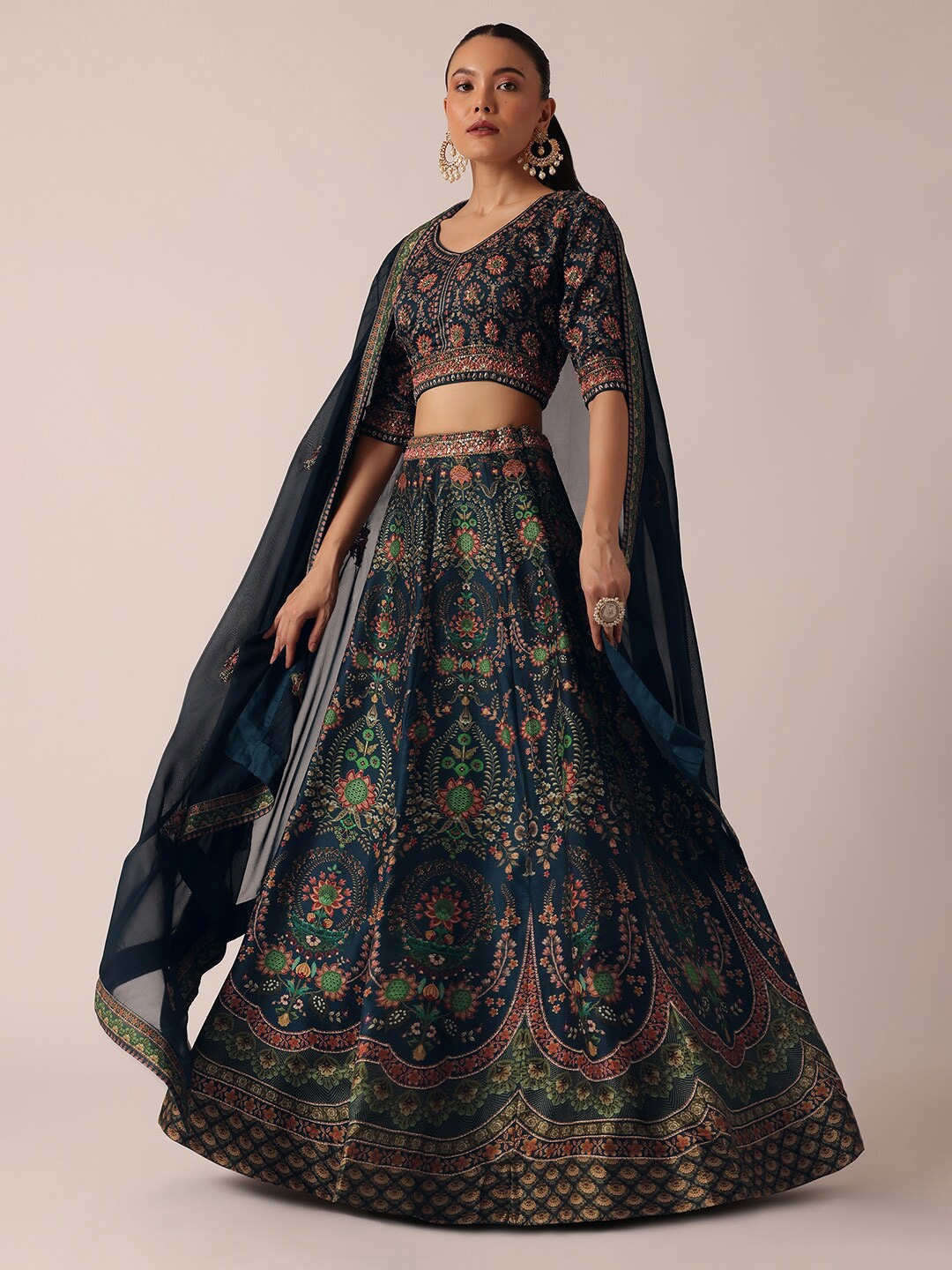 

KALKI Fashion Embroidered V-Neck Ready to Wear Lehenga & Blouse With Dupatta, Blue