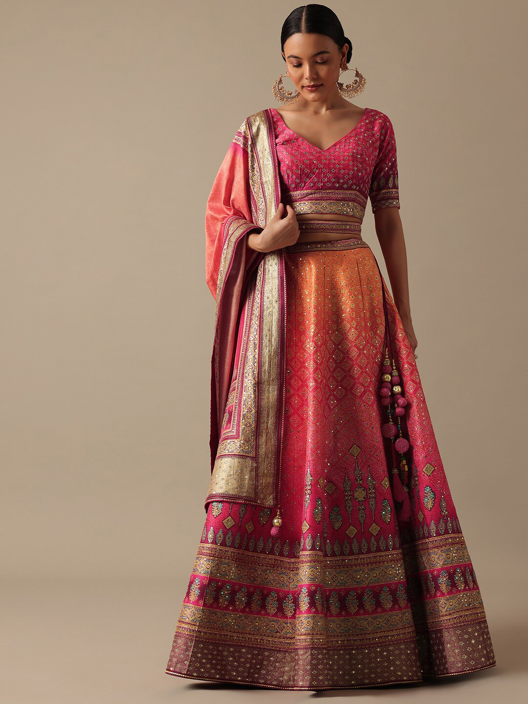 

KALKI Fashion Printed Beads and Stones Ready to Wear Lehenga & Blouse With Dupatta, Orange