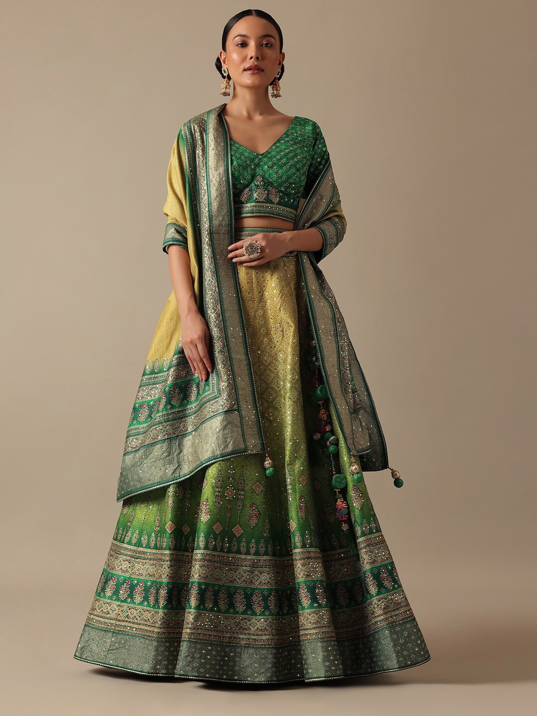 

KALKI Fashion Printed Beads and Stones Ready to Wear Lehenga & Blouse With Dupatta, Green