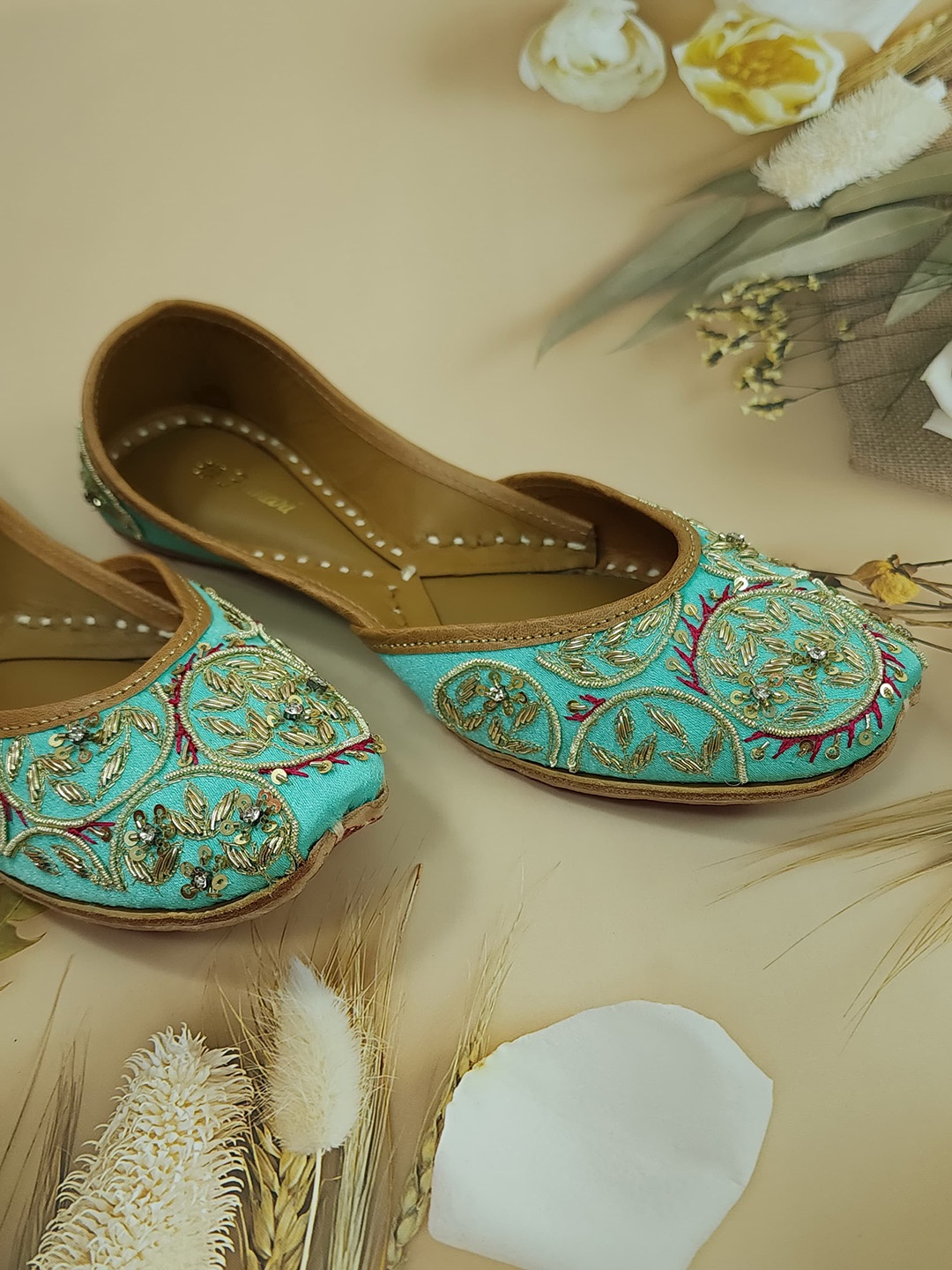

Fulkari Ethnic Embellished Square Toe Leather Mojaris, Sea green