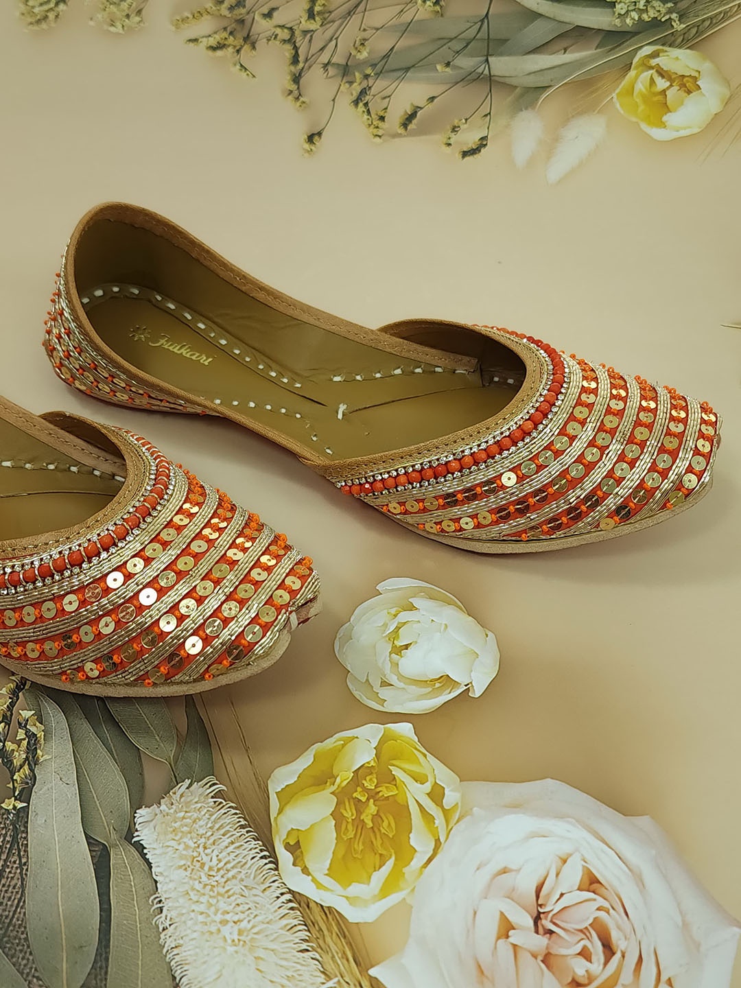 

Fulkari Ethnic Embellished Square Toe Leather Mojaris, Orange