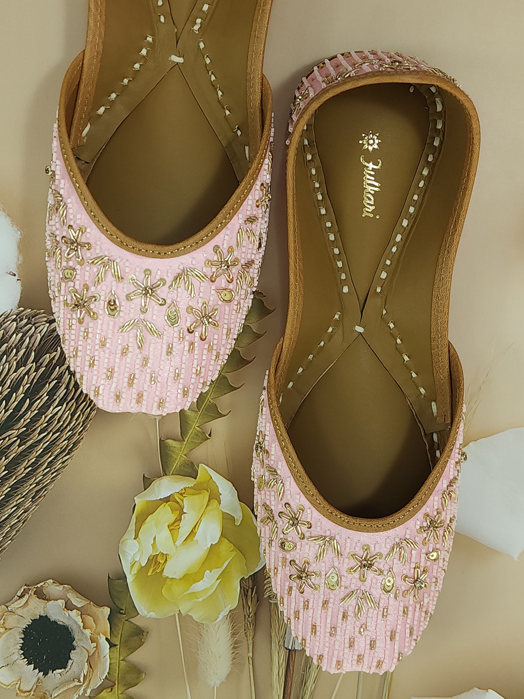 

Fulkari Ethnic Embellished Square Toe Genuine Leather Mojaris, Pink