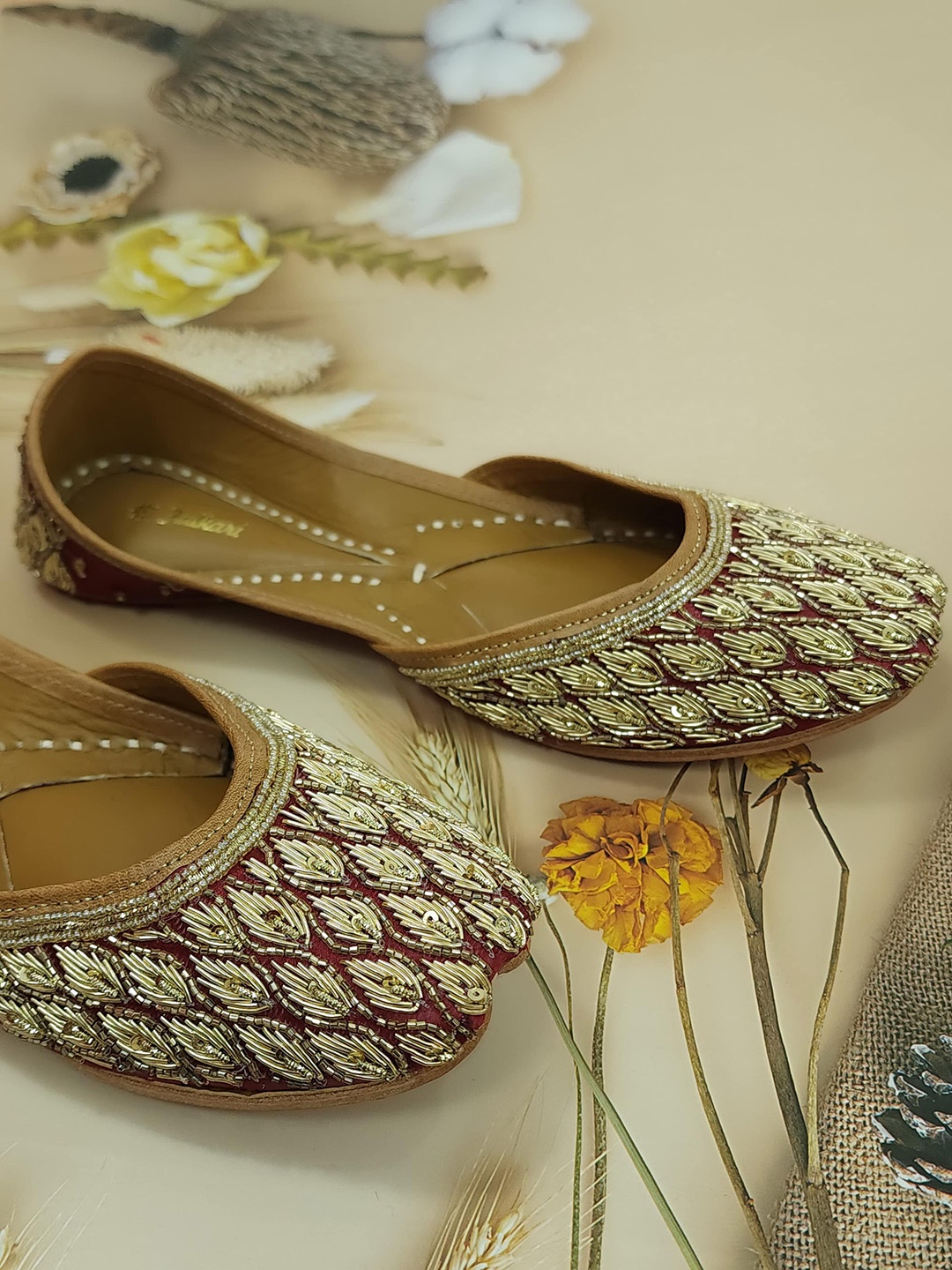 

Fulkari Ethnic Embellished Square Toe Genuine Leather Mojaris, Maroon